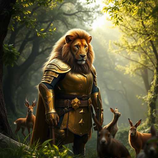 The image depicts a majestic lion standing on its hind legs with its front paws raised high and its back paws resting on the ground. The lion is wearing a golden suit of armor that gleams under the light filtering through the trees in the background. Surrounding the lion are several deer, their bodies blending into the natural surroundings as they graze peacefully.