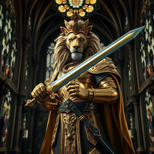 A 3D rendering of a lion standing in front of a stained glass window with gold and red hues. The lion is holding a sword aloft, its gaze fixed on the camera.