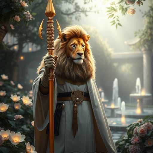 A lion stands majestically in a garden, holding a golden staff and wearing a white robe with gold accents. The garden is filled with pink flowers and trees, creating an enchanting atmosphere.
