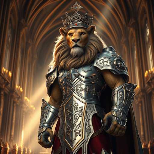 A 3D rendering of a lion standing in front of a large window with gold trim and a red curtain. The lion is wearing a full suit of armor that includes a helmet, breastplate, and gauntlets. The lion's face is adorned with a crown on its head, and it has a sword in its right hand.
