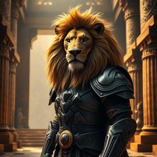 The image depicts a lion standing in front of a grand architectural structure with columns and arches. The lion is wearing a black suit of armor that includes a helmet and a breastplate, giving it an imposing appearance. The lion's mane is long and flowing, adding to its majestic presence. The background features the same architectural style as the foreground, creating a harmonious blend between the natural and man-made elements in the image.
