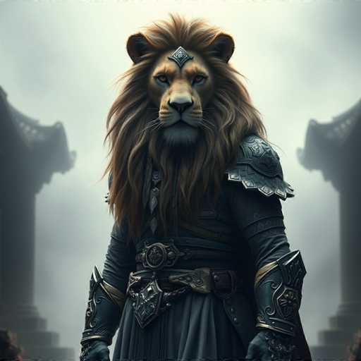 The image shows a majestic lion standing tall and proud with its head held high against the backdrop of two imposing stone pillars. The lion is adorned with a crown on its head and a belt around its waist, adding to its regal appearance. The lion's mane flows freely in the wind, giving it an air of wild beauty.