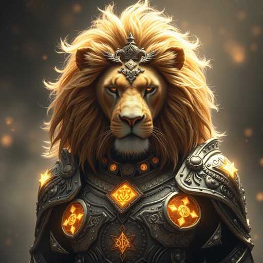 The image shows a close-up portrait of a lion with its head turned slightly to the left and its mane blowing in the wind. The lion is wearing a golden crown on its head and a silver suit adorned with gold accents. The background features a gradient of dark gray, providing a stark contrast that makes the lion stand out prominently.