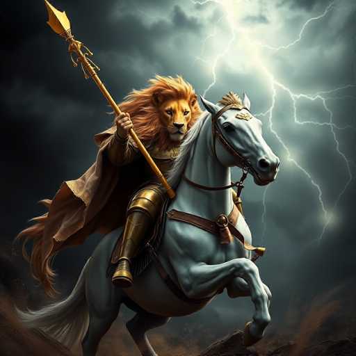 A man is riding a white horse with gold accents and holding a spear in his right hand while wearing a golden helmet on his head. The background features dark clouds and lightning bolts.
