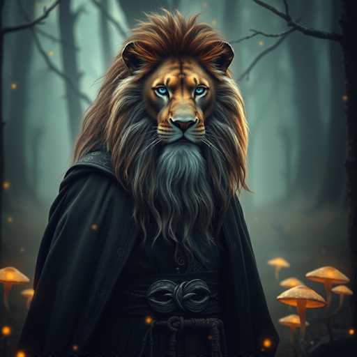 The image depicts a majestic lion with striking blue eyes and a long mane standing in the center of a forest. The lion is dressed in traditional black robes and has a large head adorned with a crown. The background features trees and mushrooms scattered throughout the scene, creating an immersive and captivating atmosphere.