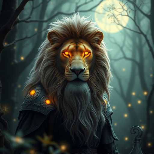 The image depicts a majestic lion with a golden mane and tail standing in the center of a forest. The lion's eyes are glowing orange, adding an ethereal quality to its appearance. The background is dark green, filled with trees that cast long shadows on the ground. A full moon can be seen in the top right corner, illuminating the scene.