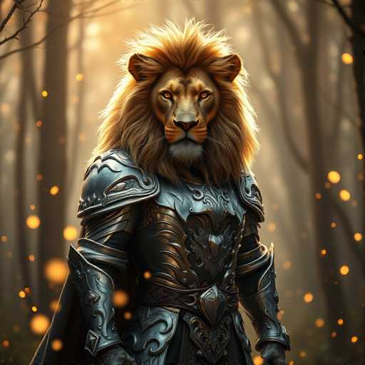 The image shows a lion standing in front of trees and bushes with its head turned towards the camera. The lion is wearing a suit of armor that includes a helmet and a breastplate, giving it an imposing appearance. The background features a forest setting with the sun shining through the trees, creating a warm glow on the scene.