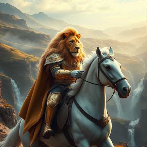 A man dressed as a lion is riding a white horse through a mountainous landscape with waterfalls and trees.