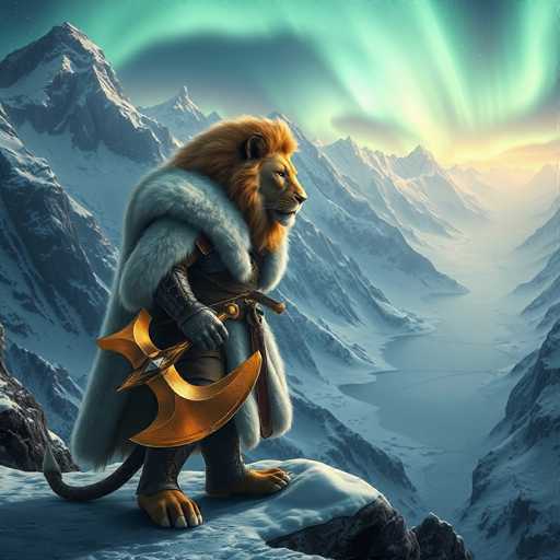 A lion stands on a rocky cliff overlooking a snowy mountain range at sunset. The lion is dressed in a white fur coat and holds an axe in its mouth.
