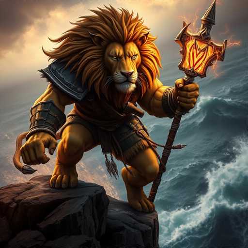 The image depicts a lion standing on a cliff with its back turned towards the viewer. The lion is holding a sword and shield, which appear to be made of metal. The background features a dark blue sky filled with clouds, suggesting an overcast day or stormy weather.