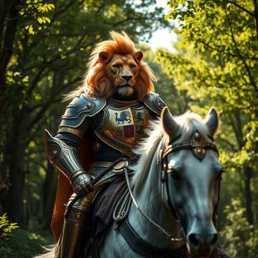 A man dressed as a knight is riding on the back of a white horse through a forest. The knight is wearing a blue and gold suit with a shield and helmet, and has long blonde hair that flows behind him as he rides.