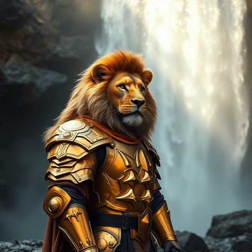 A majestic lion stands tall and proud on a rocky cliff overlooking a waterfall. The lion is adorned with a golden armor that gleams under the sunlight, and its mane flows freely down its back. The backdrop of the image is a breathtaking view of water cascading down from the top right corner to the bottom left corner, creating a sense of depth and perspective in the scene.
The lion's gaze is directed towards something off-frame, adding an air of mystery to the overall composition.