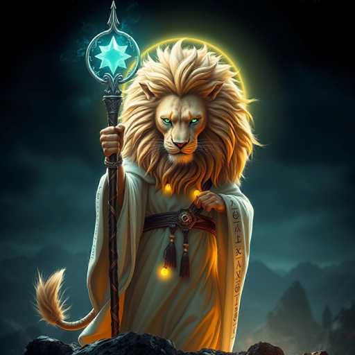 The image depicts a lion with golden fur and green eyes standing on a rocky cliff against a dark blue sky. The lion is holding a staff adorned with a star at its center, suggesting it may be a deity or a guardian figure.