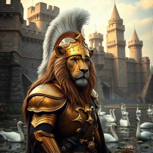 The image depicts a majestic lion standing on stilts and wearing a golden crown with a feather at the top, positioned in front of a castle made of stone. The castle is surrounded by moats filled with swans, creating an enchanting scene.