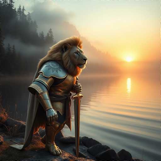 A majestic lion stands on a rocky cliff overlooking a serene lake at sunset. The lion is adorned with a golden helmet and a sword, symbolizing its regal status as the king of the jungle. The warm hues of the setting sun cast a golden glow over the scene, enhancing the overall beauty of the image.