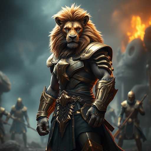 The image depicts a majestic lion standing on its hind legs with its front paws raised high and its head tilted to the side. The lion is wearing a golden suit of armor that includes a helmet and breastplate, giving it an imposing appearance. In the background, there are other lions in similar suits of armor, suggesting they may be part of a larger group or party.