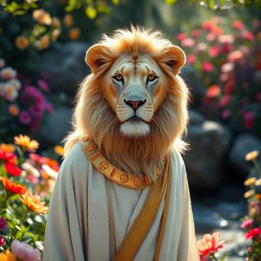 The image shows a lion standing in front of a garden filled with colorful flowers and plants. The lion is wearing a gold-colored robe and has its head turned towards the camera.
