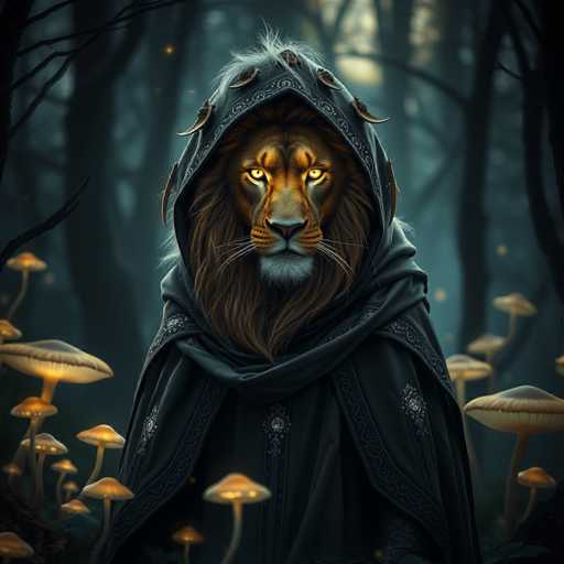 The image depicts a majestic lion with golden eyes and a hooded cloak standing amidst an array of mushrooms. The background is dark and filled with trees, creating a sense of depth and mystery.