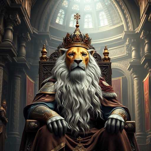 The image depicts a majestic scene set within an ornate room with a high ceiling and large windows that allow natural light to filter in. At the center of this grand setting is a king seated on a throne, wearing a crown and robe adorned with gold accents. The king's hair is styled in a long, flowing manner, adding to his regal appearance. In front of him stands a person dressed in a suit and tie, suggesting that they are either an official or a guest at the event.