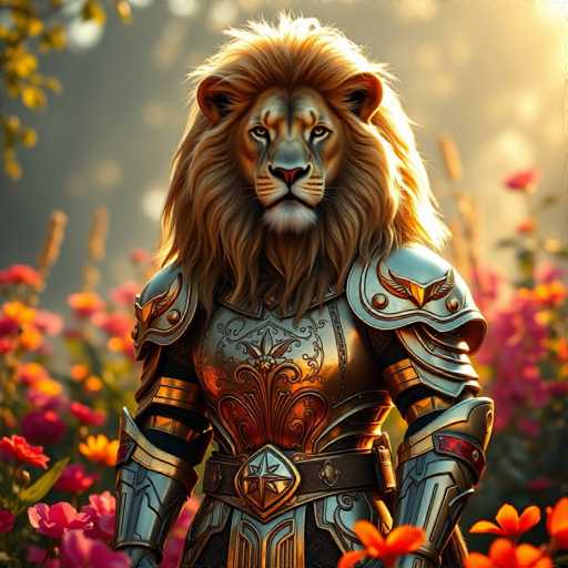 The image depicts a lion standing in a garden filled with flowers and plants. The lion is wearing a suit of armor that includes a helmet and breastplate, giving it an imposing appearance. The background features a blurred landscape, adding depth to the scene.