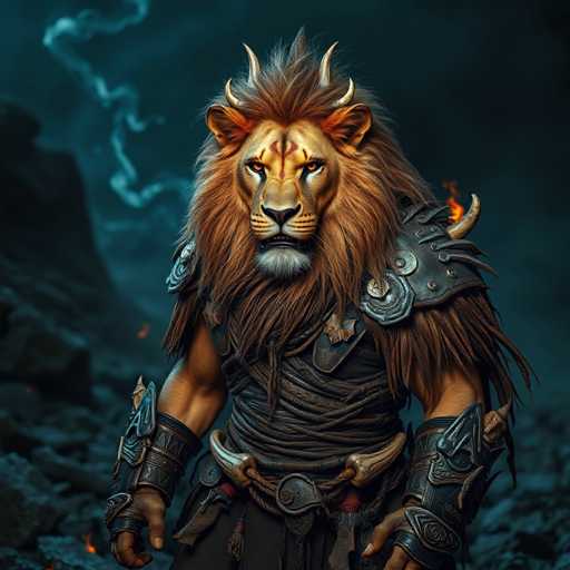 The image depicts a lion with golden fur and horns standing on rocky terrain against a dark blue sky filled with lightning bolts. The lion is wearing a black outfit that includes armor plates for protection.