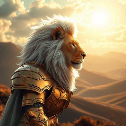 The image depicts a majestic lion with white fur and a golden mane standing on a rocky hilltop against the backdrop of a breathtaking sunset over mountains. The lion is positioned centrally within the frame, facing towards the right side of the image.