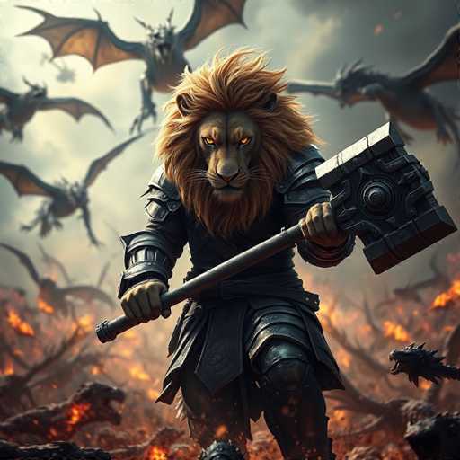 The image depicts a lion with golden mane and tail, wearing a black suit of armor and holding a large hammer in its right hand while standing amidst a chaotic scene filled with fire-breathing dragons.
