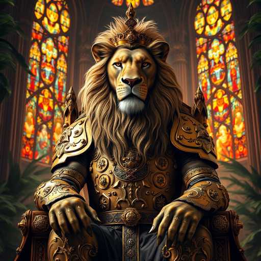 The image depicts a majestic lion seated on a throne-like chair with gold and red accents, positioned in front of a large stained glass window that is illuminated by the warm glow of sunlight streaming through it. The lion's golden mane and tail add to its regal appearance.