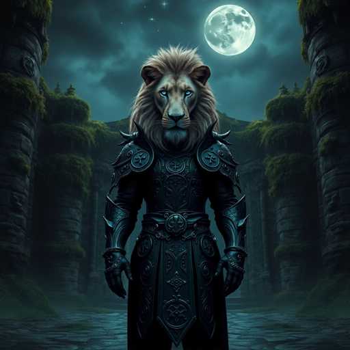 The image depicts a majestic lion standing tall and proud on a rocky cliff face under the moonlight. The lion is adorned with a black suit of armor that gleams against the dark backdrop, and its mane is a striking shade of white. The lion's eyes are locked onto the camera, conveying an air of regality and dominance. The background features a large body of water reflecting the moonlight, adding to the overall sense of tranquility and majesty in the scene.