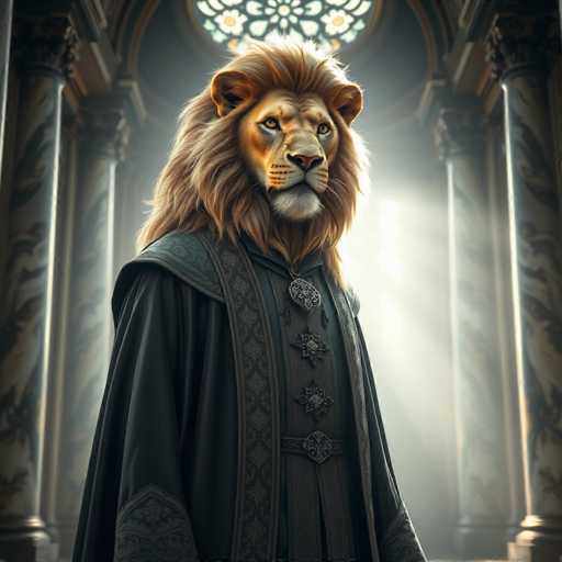 The image depicts a majestic lion standing tall and proud within an ornate room with columns and arches. The lion is adorned in a robe of black and gold, which contrasts beautifully against the dark background. The lion's mane, a rich shade of orange, adds to its regal appearance. The lion's eyes are locked onto the camera, conveying a sense of confidence and authority.