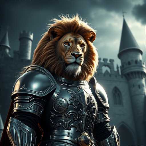 A lion stands proudly in front of a castle with multiple towers and turrets against a dark sky. The lion is adorned in a full suit of armor that includes a helmet, breastplate, and chainmail.