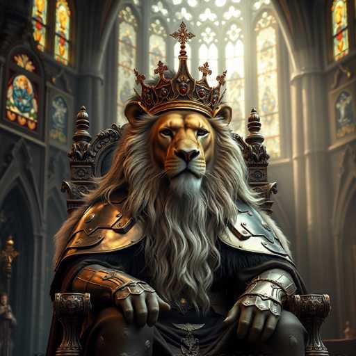 The image depicts a majestic lion seated on a throne within an ornate cathedral. The lion is adorned with a crown and a robe of gold and black, signifying its regal status. The cathedral's stained glass windows cast colorful light onto the scene, creating a vibrant and awe-inspiring atmosphere.