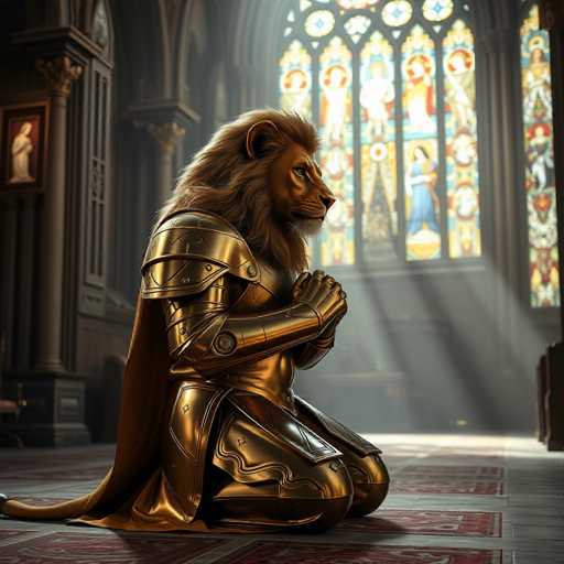 A 3D rendering of a lion dressed in medieval armor and holding a sword, kneeling on the floor with its hands clasped together in prayer within an ornate church interior.