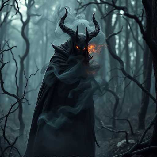 The image depicts a dark and eerie scene set within a forest. At the center of the frame is a figure cloaked in darkness, with horns protruding from their head that glisten under the light filtering through the trees. The figure's face is illuminated by an orange glow, adding a stark contrast to the surrounding darkness. The background is filled with trees and branches, creating a sense of depth and distance within the forest.