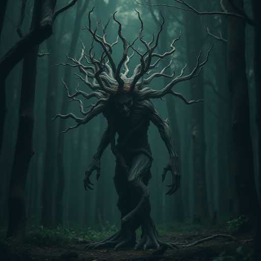 The image depicts a dark forest scene with a large tree trunk as the central focus. The tree has twisted and gnarled branches that extend outwards from its trunk, creating an intricate pattern of lines against the darkness of the forest. The background is shrouded in shadows, adding to the mysterious atmosphere of the scene.
