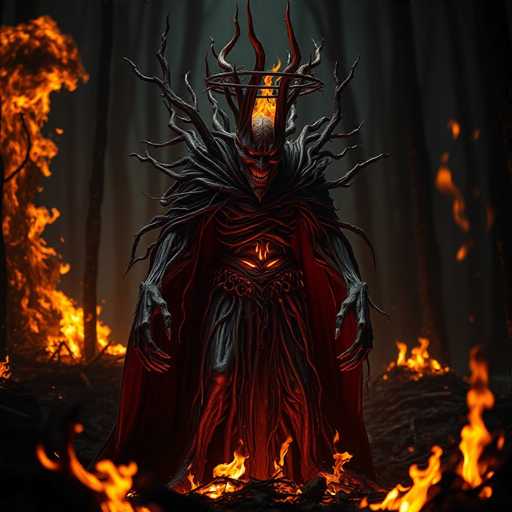 A male demon with red hair and a black outfit stands on a dirt path surrounded by burning trees and flames. The demon is holding a staff in his right hand and has a crown of flames on his head.