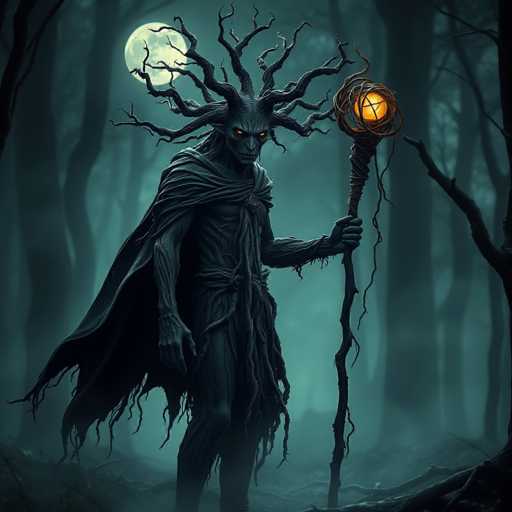 A dark figure with long hair and a pointed head stands in a forest clearing, holding a lantern that is lit up against the darkness of the night sky. The figure is dressed in a long robe and has a staff in their right hand.