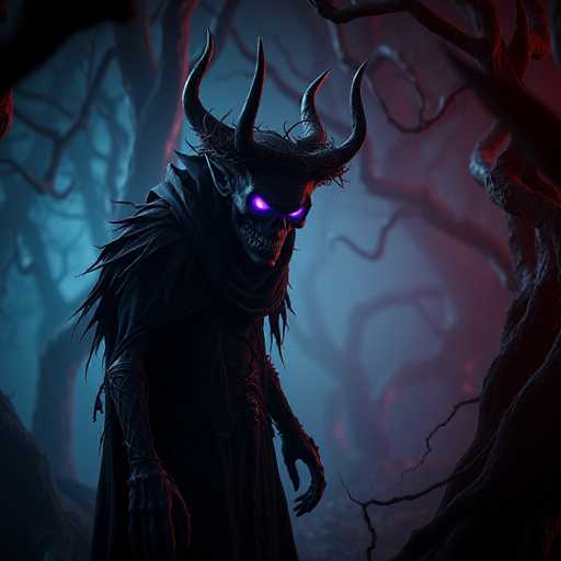 The image depicts a dark figure with a large skull and horns standing in the center of a forest. The figure is wearing a black robe and has purple eyes that give it an eerie appearance. The background features trees and branches, creating a sense of depth and mystery.