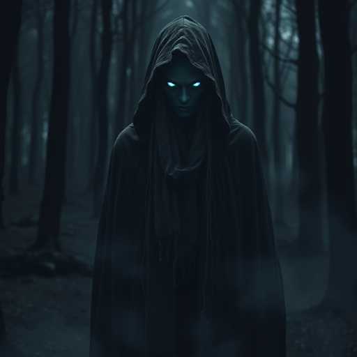 The image shows a person standing in a forest at night with their face obscured by a hooded robe and blue eyes. The person is wearing a scarf around their neck.