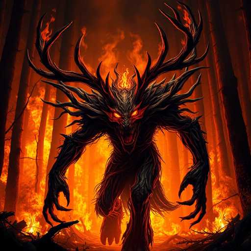 The image depicts a creature with long horns and red eyes standing on its hind legs amidst a forest fire. The creature is facing the camera directly, giving an impression of being aware of the viewer's presence. The background shows a dense forest filled with trees that are ablaze due to the fire.
