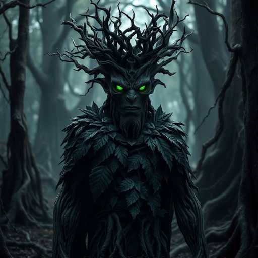 The image depicts a dark forest scene with a figure standing in front of the viewer. The figure is wearing a large leafy costume that covers their entire body and features green eyes. The background consists of trees and foliage, creating an atmosphere of mystery and intrigue.