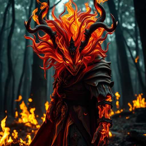 The image depicts a fiery dragon with horns and flames emanating from its mouth, standing on a rocky surface surrounded by trees and bushes. The dragon is wearing a long robe and has a sword in one hand and a shield in the other.