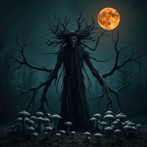 The image depicts a dark figure with long hair and a large head standing in the center of a forest. The figure is surrounded by numerous mushrooms scattered around it on both sides. The background features a full moon rising over the trees, creating an eerie atmosphere.