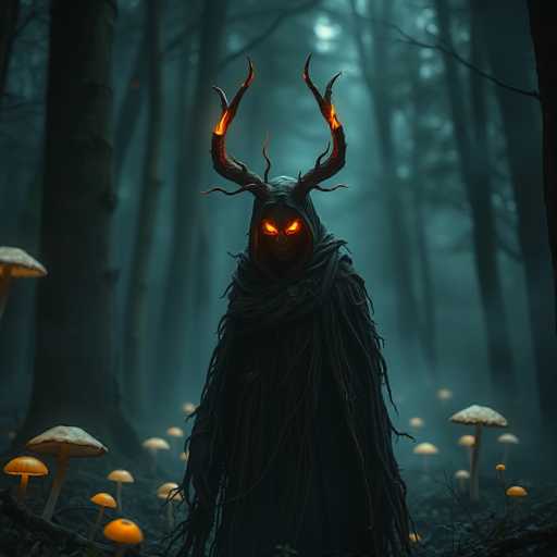 The image depicts a dark figure with horns and a hooded cloak standing amidst a forest of mushrooms. The figure is illuminated by orange light from the top left corner, creating an eerie glow that contrasts with the surrounding darkness.