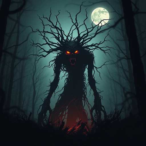 The image depicts a dark and eerie scene set in a forest at night. The main subject is a large, twisted tree with red eyes that glow in the darkness. The tree's twisted branches reach out like skeletal fingers, adding to its unsettling appearance. In the background, there are trees standing tall against the night sky, their silhouettes stark against the dark backdrop. A full moon hangs high above, casting an eerie light over the scene and highlighting the twisted tree as the focal point of the image.