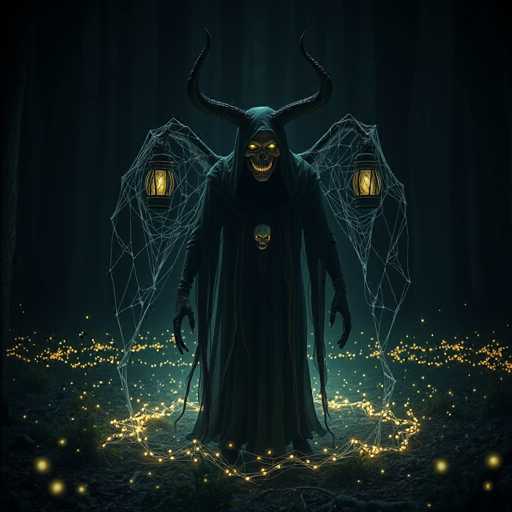 The image depicts a dark figure with wings and horns standing in a forest setting. The figure is wearing a long black robe and has two lanterns attached to its back. The background features trees and glowing lights that cast an ethereal glow on the scene.