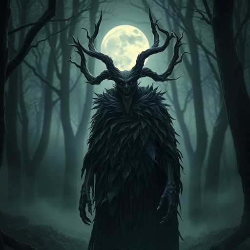 The image depicts a dark figure with long horns and a large headdress standing in the center of a forest. The figure is wearing a black robe and has a face painted white, giving it an eerie appearance. The background features trees and a full moon, creating a sense of mystery and darkness.