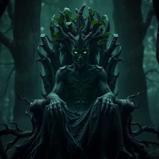 A green-eyed monster sits on a tree stump in a dark forest, surrounded by trees and foliage with twisted branches reaching out into the darkness.