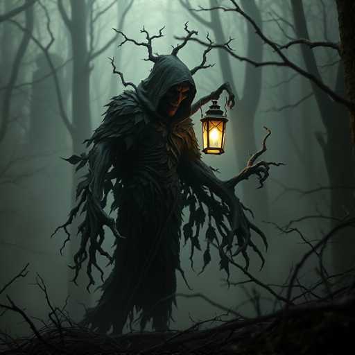 A figure dressed in a hooded cloak and holding a lantern is standing amidst the dense foliage of a forest. The forest around them is dark and filled with trees that stretch up to their knees, creating an atmosphere of mystery and intrigue.