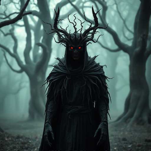The image depicts a person dressed in a black robe and hooded cape with red eyes standing in the center of a forest. The person is facing towards the right side of the frame, surrounded by trees that fill most of the background.
